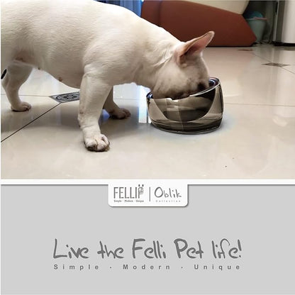 Felli Pet Oblik Acrylic Raised Dog Food Water Bowl Stainless Steel Slanted Oval Dish for Short Leg Puppy & Small Medium Pet, Elevated Tilted Metal Feeder (Smoky, 1.5 Cups Oval Dish)