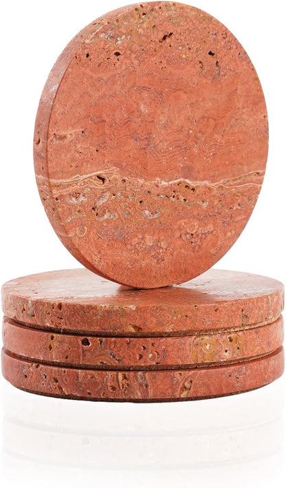 Red Travertine Coasters Set of 4, 10cm Diameter Natural Stone Coasters with Non-Slip Cork Backing, for Coffee Table Kitchen Office Decor