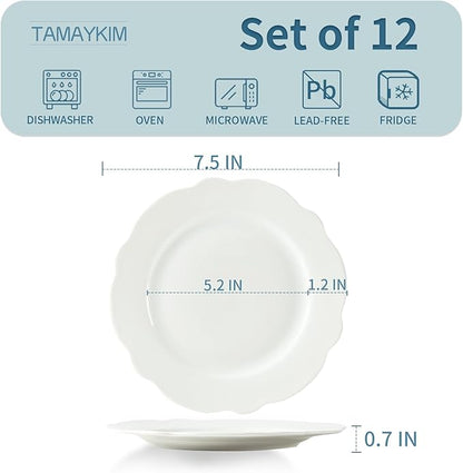 TAMAYKIM 7.5 Inch Porcelain Dessert Plates, Set of 12 - White Lotus Shape with Wavy Rim - Stackable Salad, Bread, Appetizer Serving Dishes, Scratch Resistant, Microwave Oven & Dishwasher Safe