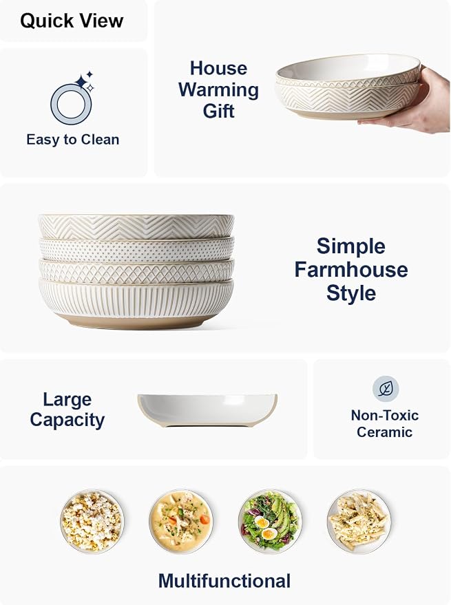 LE TAUCI Pasta Bowls 46oz, Large Salad Bowl, Ceramic Serving Plate, - Image 5