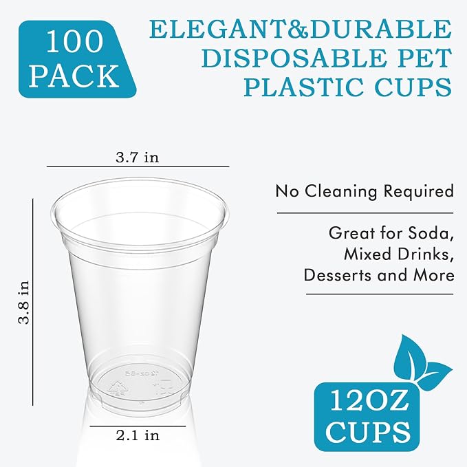 Turbo Bee 100 Pack 12 OZ Clear Plastic Cups, Disposable Crystal Plastic Party - Image 6