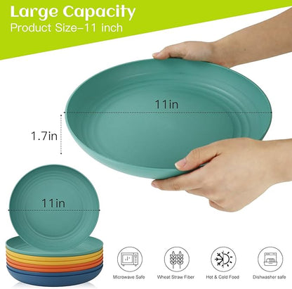 Homienly Deep Dinner Plates Set of 8 Alternative for Plastic Plates Microwave and Dishwasher Safe Wheat Straw Plates for Kitchen Unbreakable Salad Plate with 4 Colors (Colorful, 11 inch)