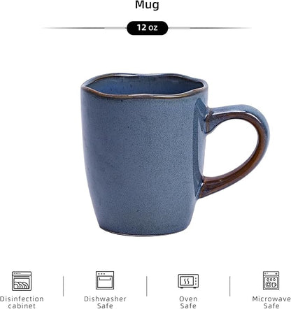 Organic Shape Highland Ceramic Mug, 6pcs 12oz Handmade Reactive Glaze Stoneware Coffee Mug with Wavy Edge, for Kitchen, Microwave & Dishwasher Safe, Scratch Resistant-Blue
