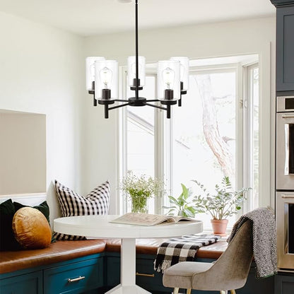 VINLUZ Contemporary 5-Light Large Chandeliers Oil Rubbed Bronze Modern Lighting Fixtures Hanging Clear Glass Shades Pendant Lighting for Dining Room Living Room Kitchen