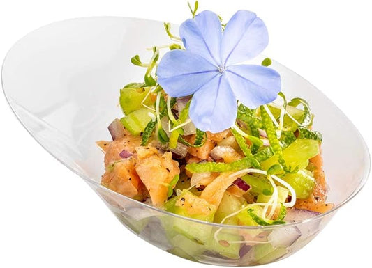 Restaurantware 4 x 2.9 x 1.3 Inch Mini Tasting Dishes 100 Disposable Mini Dessert Dishes - Oval Ellipse Design Clear Plastic Appetizer Dishes Serve Samples or Snacks For Parties or Weddings