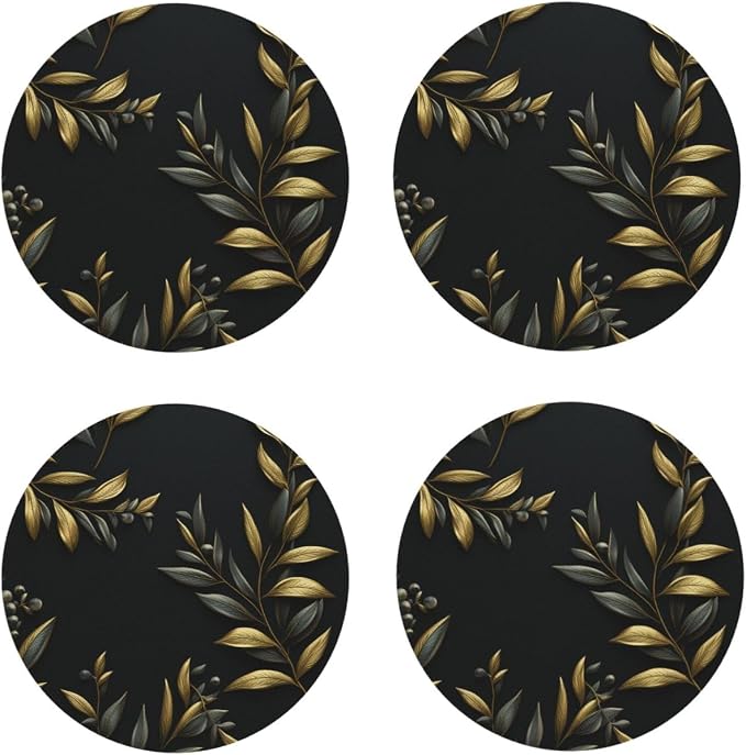 4Pcs Leather Coaster for Drinks Golden Olive Branch Cup Coasters Aesthetic by NONHAI