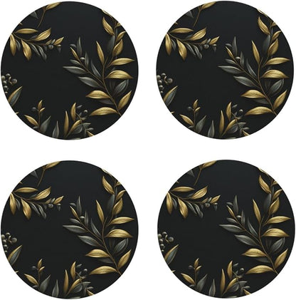 4Pcs Leather Coaster for Drinks Golden Olive Branch Cup Coasters Aesthetic by NONHAI