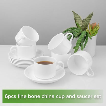 Fine Bone China Stackable Cup and Saucer Set of 6, Pure White Color Glaze Easy - Image 2