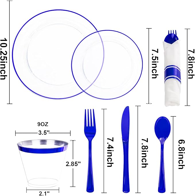 SUT 175 Pcs Blue and Clear Plastic Dinnerware Set - Image 2