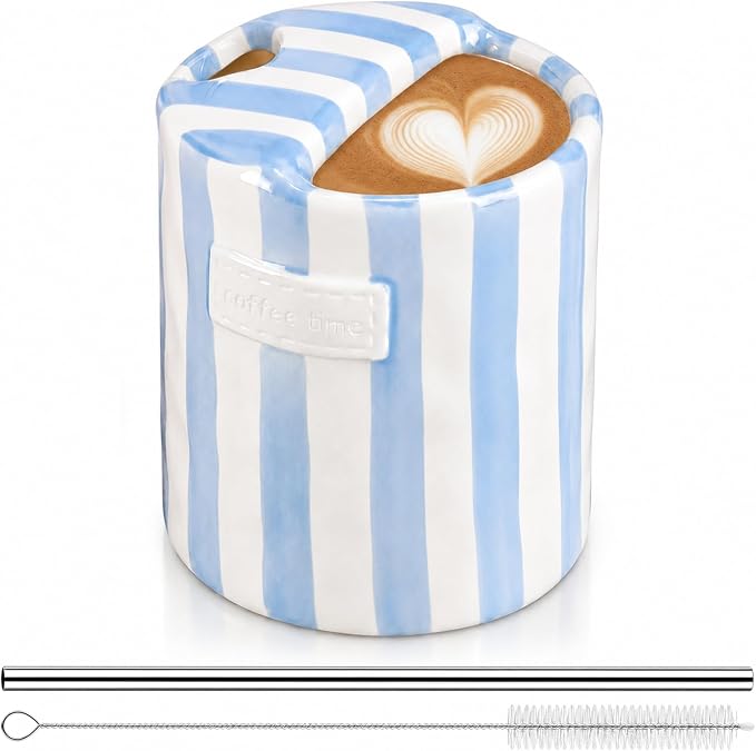 1 Pack Ceramic Coffee Mug with Sip Hole Espresso Cup 10oz with Straws Retro by Ferrochef