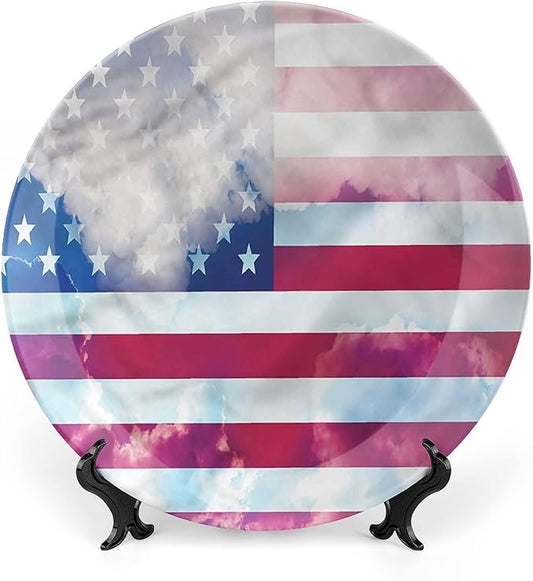 Decorative Plates, American Flag Print Ornament, Flag Clouds Memorial, 8 Inch, Kitchen Wall Decor, Multicolor