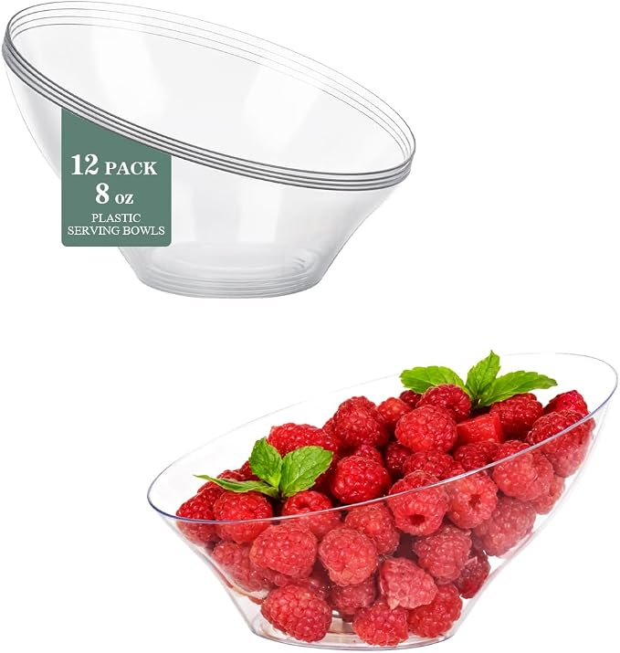 BESTVIP 8 Oz Clear Plastic Angled Serving Bowls, 12 Pack | Disposable Bowls by Bestvip