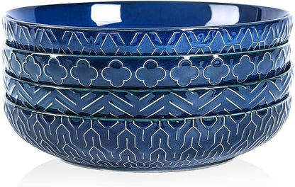 Sureasy 9.7" Pasta Bowls Set of 4-42 oz Large Salad Bowls for Kitchen, Embossed Ceramic Serving Bowls for Fruits, Soup, Pasta and Salad, Microwave & Dishwasher Safe, Blue