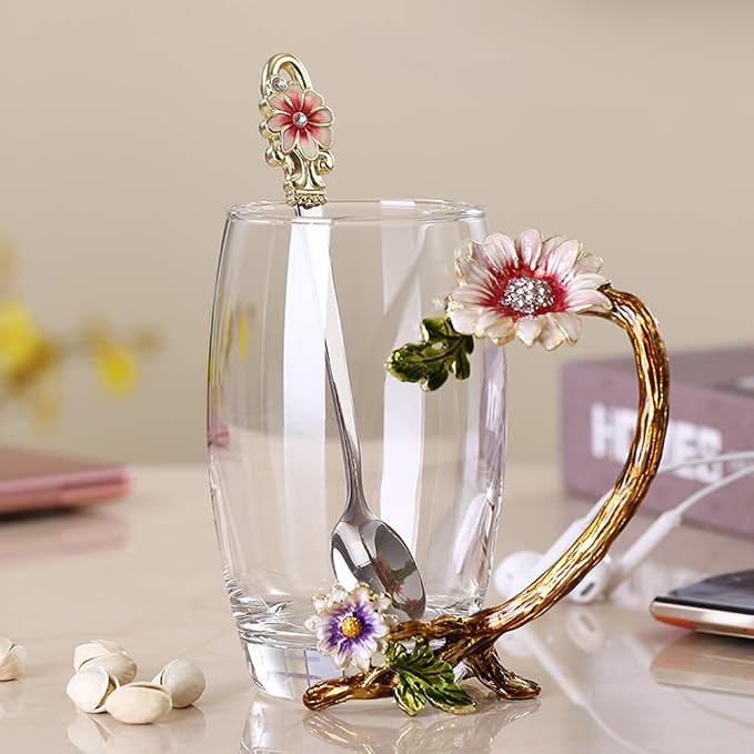 Enamel Sunflower Crystal Lead-Free Glass Tea Cup by JY-Danbady