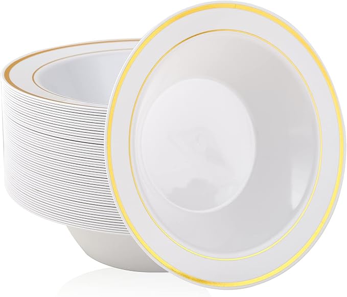 50PCS Plastic Bowls with Gold Rim 12oz Disposable Soup Bowls | Plastic Bowls by JOLLYPARTY