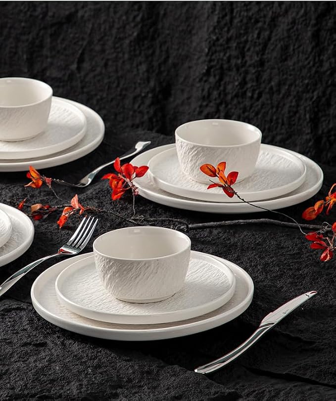 4-piece set, embossed stone design plate and bowl set, microwave and dishwasher - Image 5