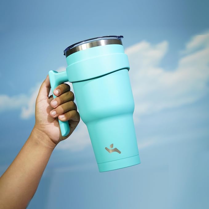 Konokyo 30 oz Tumbler with Handle and Straw, Insulated Travel Mug | Turquoise; - Image 5