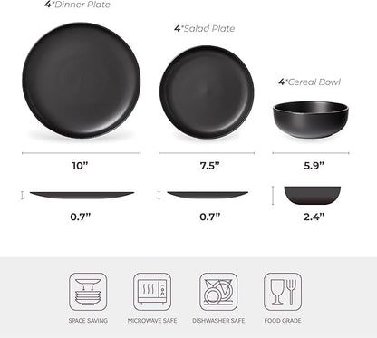12-Piece Stoneware Dinnerware Set with Mugs | Microwave and Dishwasher Friendly | Stackable Matte Glaze Plates & Bowls | Service for 3 (Black for 4)
