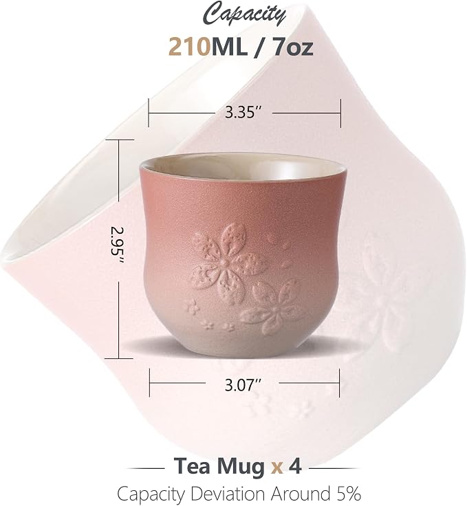 ZENS Japanese Tea Cups Set of 4 – 210ml Ceramic Handleless Tea Cups, Embossed - Image 2