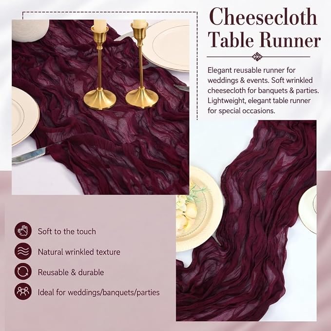 2 Pack Burgundy Cheesecloth Table Runner 17x108 Inch Boho Rustic Semi Sheer - Image 5