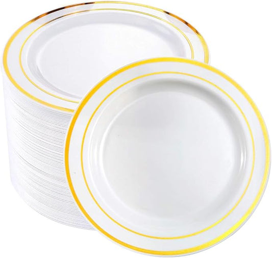 bUCLA 100Pieces Gold Plastic Plates -7.5inch White and Gold Disposable Salad/Dessert Plates - Ideal for Weddings, Party & Thanksgiving