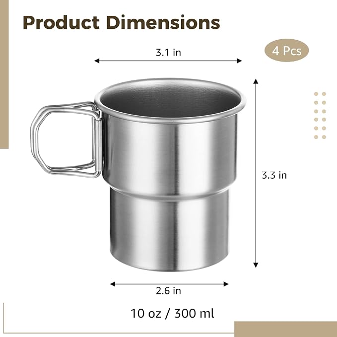 Joyibay 4 Pcs Stainless Steel Camping Cups, 10 oz Stackable Mugs w/Handle | 304 - Image 4