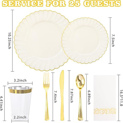 YOUBET 175PCS Ivory Scalloped Plastic Plates - Gold Disposable Dinnerware Set Include 50 Plates, 75 Gold Silverware, 25 Cups, 25 Napkins for Party & Wedding