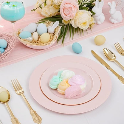 FLOWERCAT 100PCS Pink Plastic Plates - Heavy Duty Pink Party set Disposable serve for 50 guests -10 inch Dinner + 7 inch Dessert/Salad Plates for Easter,Birthday Party,Mother's Day
