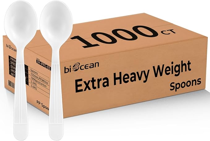 Plastic Spoons 1000 Count Extra Heavy Duty Disposable Soup Spoon White by Biocean