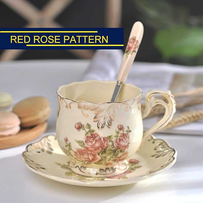 YOLIFE Tea Cup and Saucer Set, 8 OZ Pink Rose Tea Cup Set | Ivory Vintage - Image 7