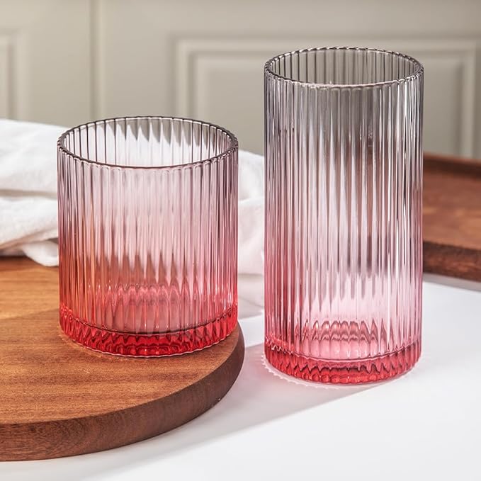 Ribbed Drinking Glasses 8pcs, 12oz and 10oz Glassware, Tumbler Glasses Cup Set by Lumkit