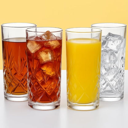 Crystal-Style Highball Glasses, Clear Cut Glass, 12.3 oz Capacity, Diamond Pattern, Cocktail Drinking Tumblers, Set of 4