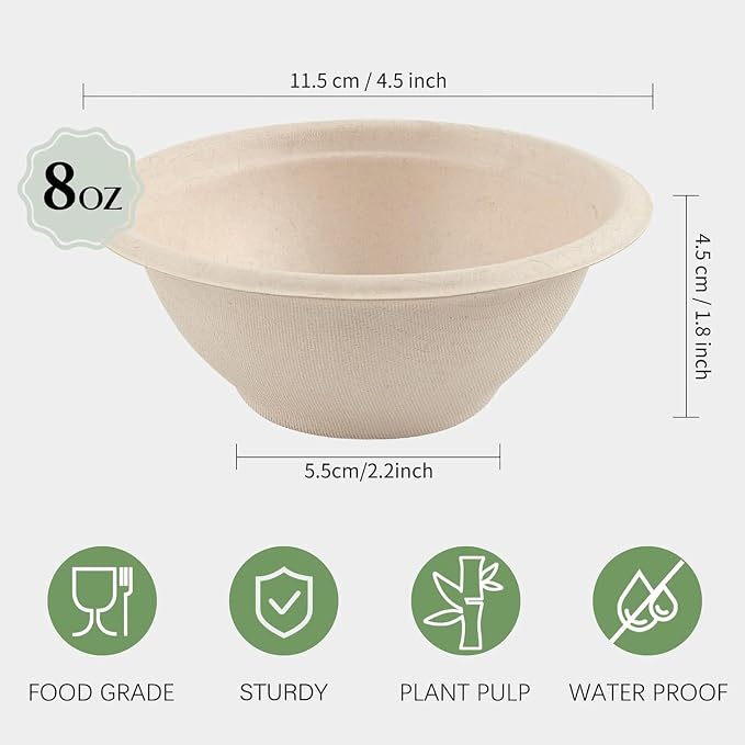 ZORRITA Disposable Paper Bowls, 8 oz, 150 Pack | Natural Sugarcane, Small - Image 2