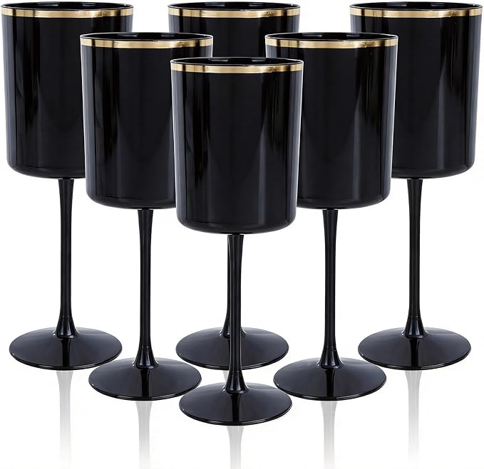 Ciaell 12 Pack Black and Gold Plastic Wine Glasses by Ciaell