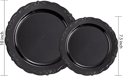 U-QE 100PCS Black Plastic Plates, Heavy Duty Black Plates Including 50PCS 10'' Dinner Plates & 50PCS 7.5'' Dessert Plate - Hard Plastic Plate for Party Wedding Bridal Shower