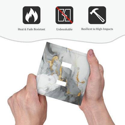 Decorative Light Switch Cover Gray/Gold Marble Abstract Modern Luxury 2 Gang Wall Plate Double Toggle Switch Plate Receptacle Electrical Outlet Cover Switchplate for Bathroom Bedroom（2 Pack）