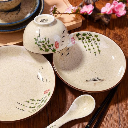 4-Piece Ceramic Dinnerware Set, Plate, Dish, Bowl, Spoon, Japanese Hand-painted Tableware set, A Good Tableware