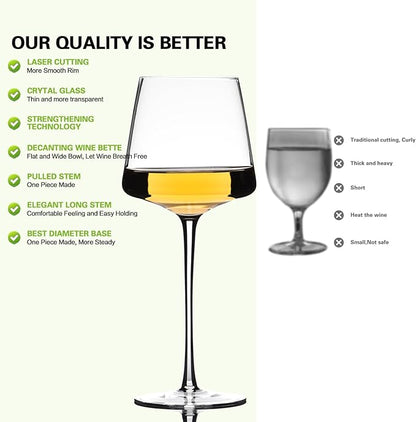 25oz Red Wine Glasses Set of 4, Hand Blown, Large Premium Crystal Wine Glass– Burgundy Wine Glasses With Long Stem – Unique Thin Stem Wine Glasses, Clear Lead-Free Stemmed Square Wine Glasses