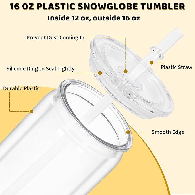 16 Oz Plastic Snowglobe Tumbler, 8 Pack Pre-Drilled Double Wall Plastic Clear - Image 2
