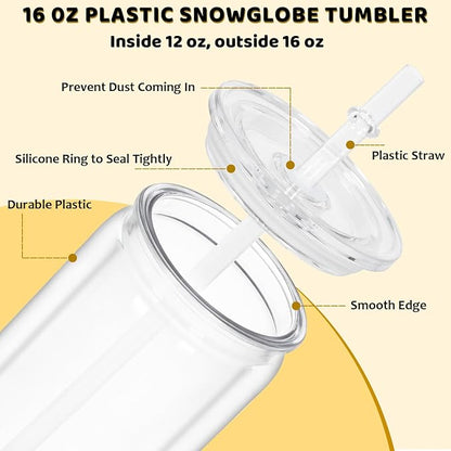 16 Oz Plastic Snowglobe Tumbler, 4 Pack Pre-Drilled Double Wall Plastic Clear - Image 2