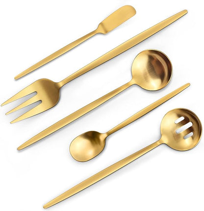 VANVRO Matte Gold Serving Silverware Set, 5-Piece Round Shared Utensils Set of by VANVRO