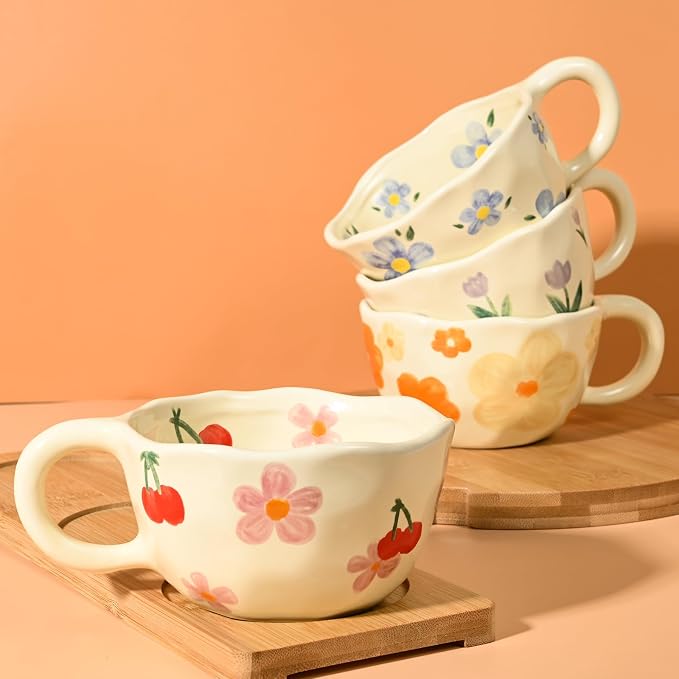 Ceramic Coffee Mug Vintage Flower Mugs 8 oz Cute Floral Coffee Mugs Irregular - Image 5