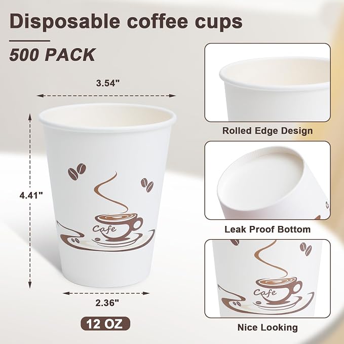 Lamosi 500 Pack 12 oz Coffee Cups, Disposable Paper Cups | Hot/Cold Beverage - Image 3