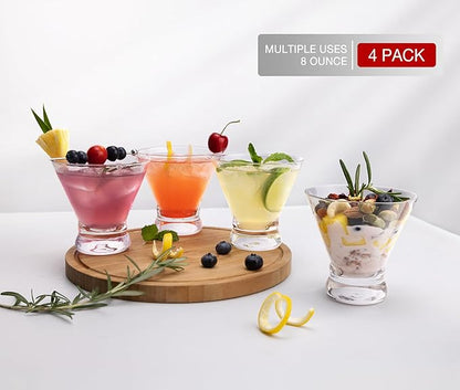 LUNA & MANTHA Martini Glasses Set of 4, Stemless Martini Cocktail Glasses for Margarita, Manhattan, Cosmopolitan, Home Bar, Evening Parties, Birthdays, Housewarming Gift, Crystal Clear 8 OZ