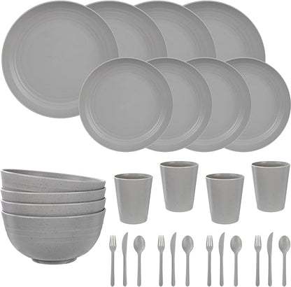 LIYH 28 Pcs Kitchen Plates and Bowls Set, Wheat Straw Dinnerware Sets, Unbreakable Plates and Bowls Sets for 4, Reusable Plate Wheat Straw Dishes Set for Daily & Camping, Light Grey Kitchen Decor