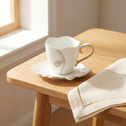 7 Oz Luxury Rhinestone Ceramic Coffee Cup and Saucer Set - Image 6