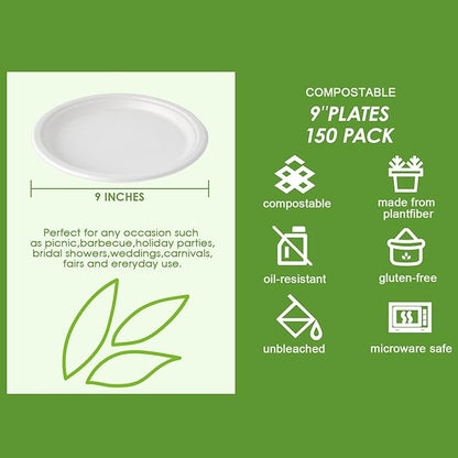 Vplus 150 Pack Paper Plates 9 inch 100% Compostable, Heavy-Duty Disposable Paper Plates Bagasse Natural Biodegradable Eco-Friendly Sugarcane（White）