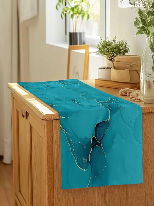 Teal Marble Table Runners 36 Inches Long, Turquoise Marble Crack Table Runner - Image 7