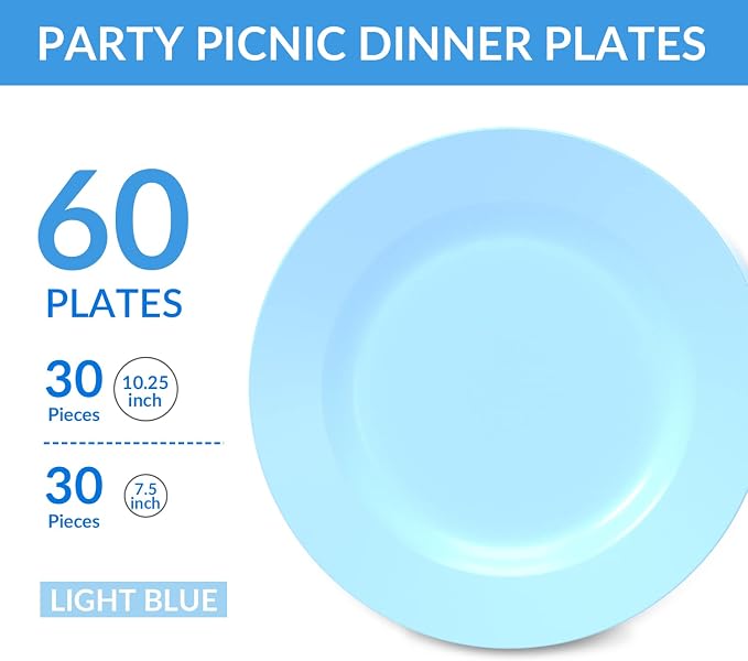 60PCS Baby Blue Disposable Plastic Plates, Heavy Duty Plates - Image 2