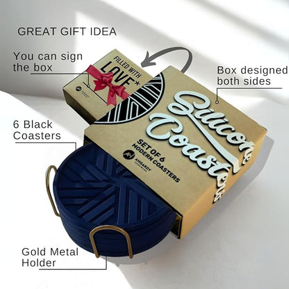 Coasters Set of 6 - Non-Slip Table Coasters for Drinks, Mugs, Glasses, Cups, Bottles - Round Pads with Stylish Groove Patterns & Gold Holder Stand - 4", 0.23" (Navy Blue)